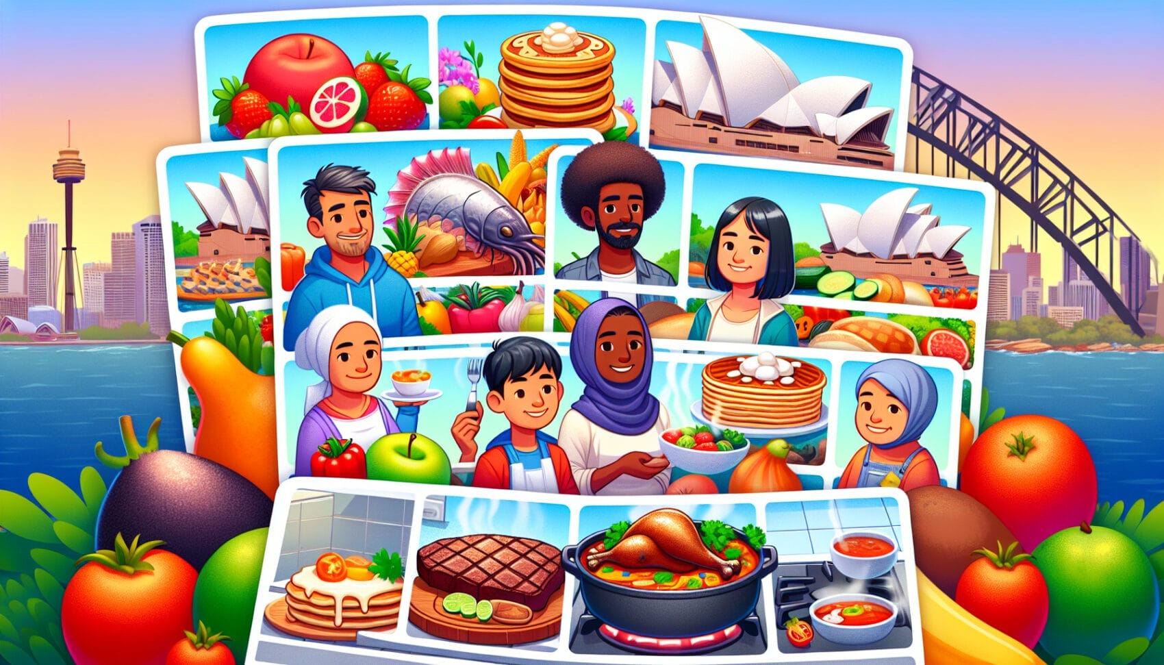 People with food in Australia - Cartoon style